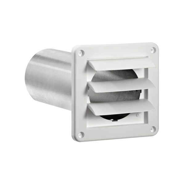 White Plastic Wall Exhaust Louvered Dryer Vent - 11 inch Pipe - Flaps Open