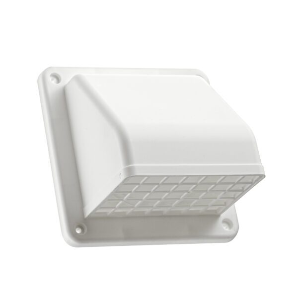White Plastic Wall Exhaust Hood Dryer Vent - Damper - Screen - Angle