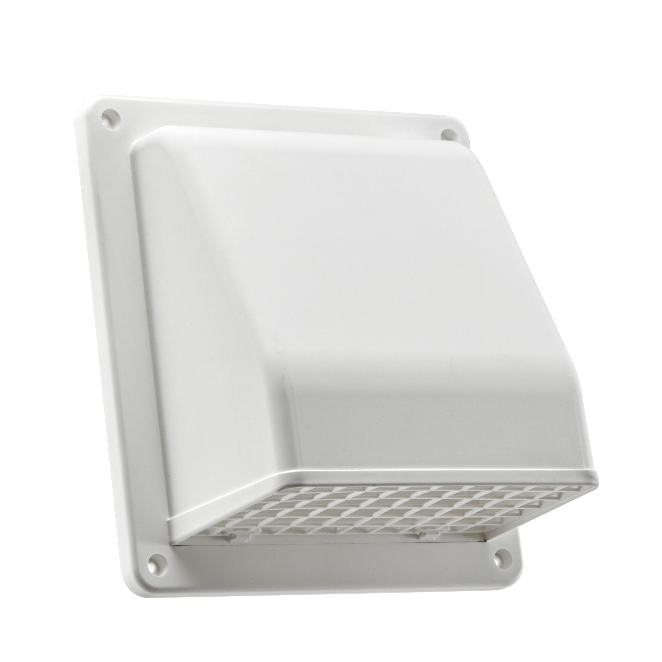 White Plastic Wall Exhaust Hood Bath Fan Vent - Spring Controlled Damper - Screen - Angle