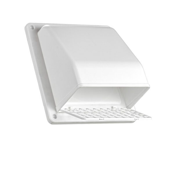 White Plastic Wall Exhaust Hood Bath Fan Vent - Spring Controlled Damper - Screen - Angle Opened