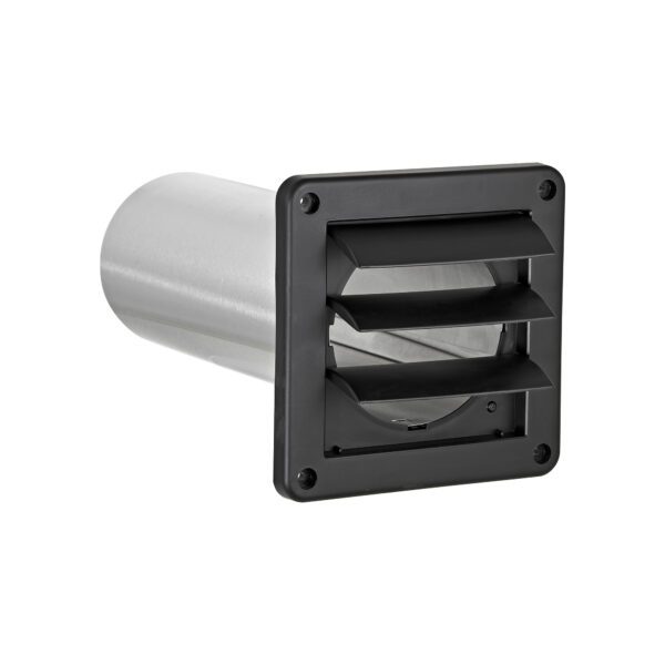 Black Plastic Wall Exhaust Louvered Dryer Vent - 11 inch Pipe - Flaps Open
