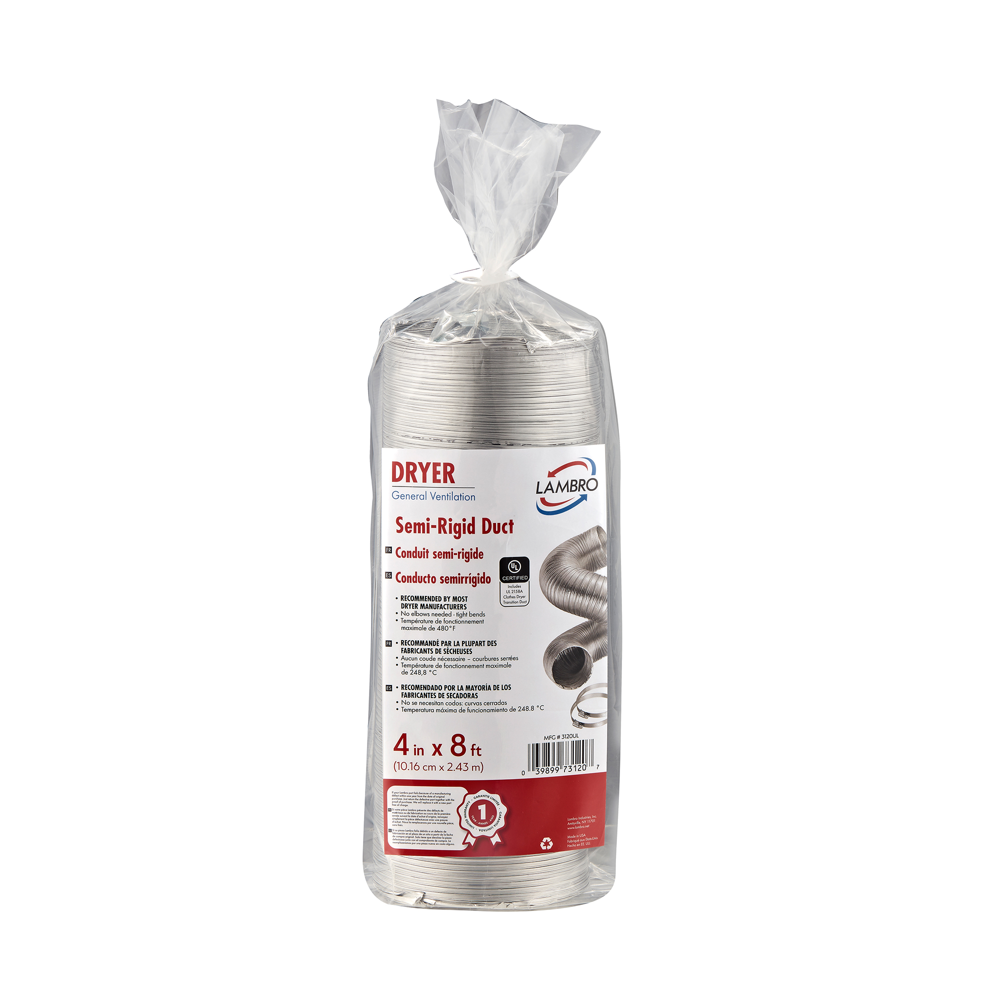 4 inch x 8 foot UL 2158A Clothes Dryer Transition Semi-Rigid Duct Kit (Retail) - Polybag