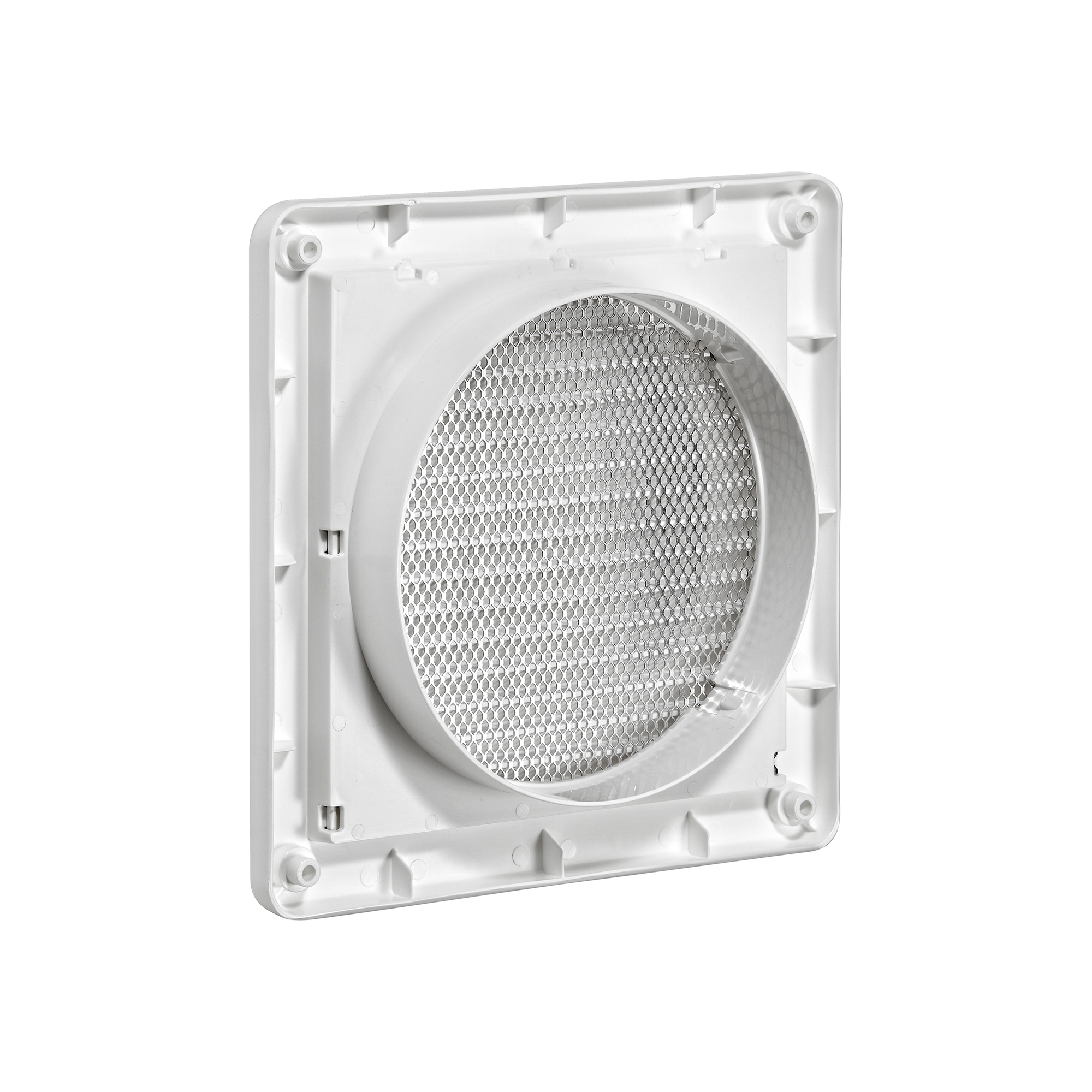 606W-MLS-01 6 inch White Plastic Fresh Air Intake Vent (Mini Louver) - Metal Bug Screen - Back