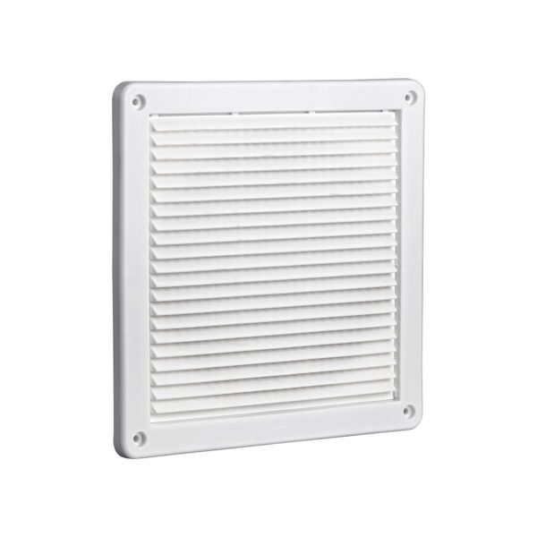 White Plastic Fresh Air Intake Vent (Mini Louver) - Removable Screen - Flush Mount - Angle