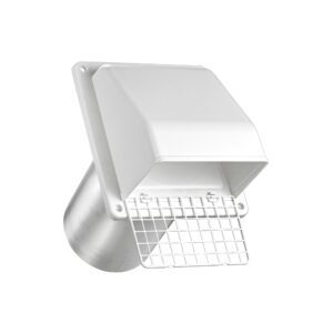 White Plastic Wall Exhaust Hood Bath Fan Vent - Spring Controlled Damper - Screen - 11 inch Pipe - Angle