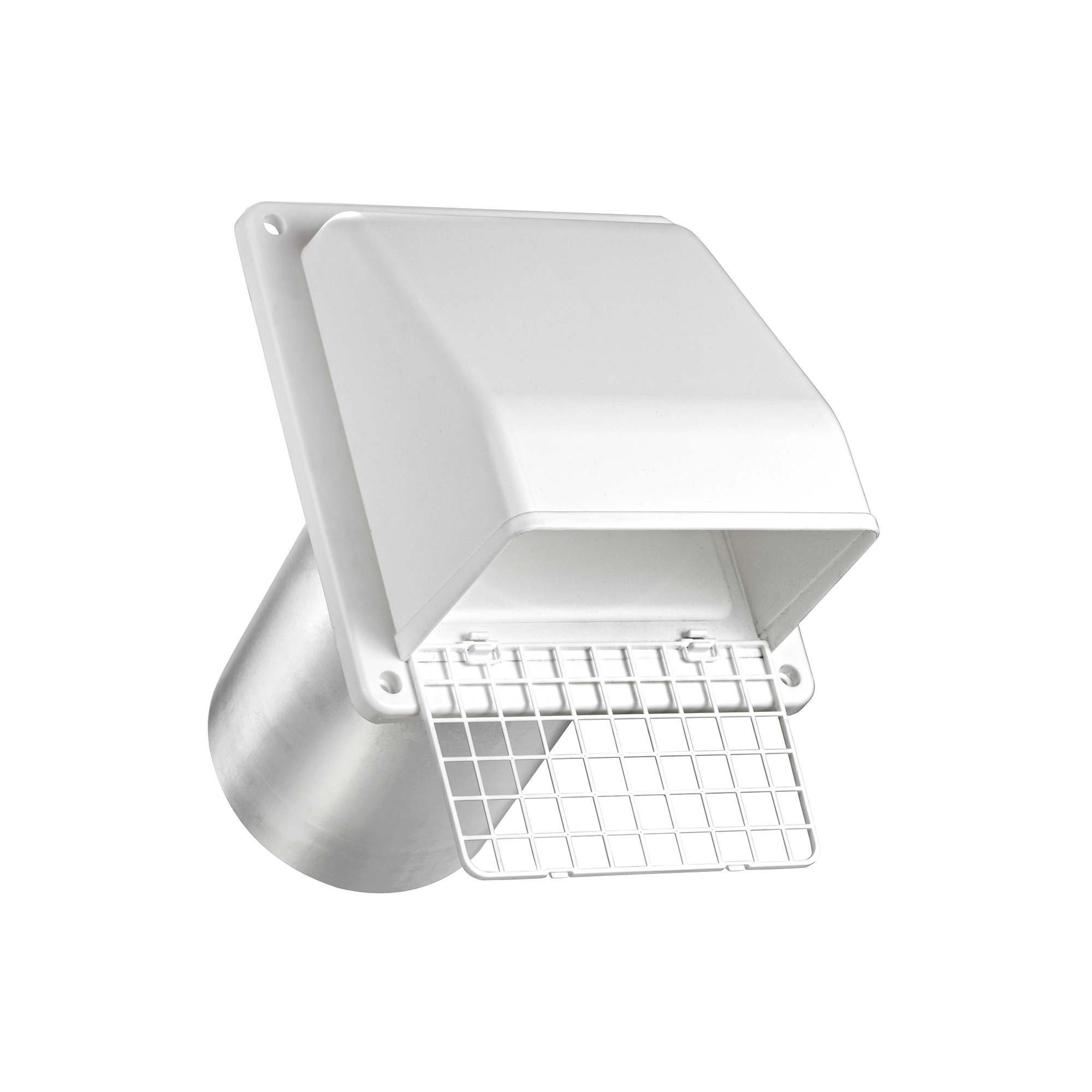 White Plastic Wall Exhaust Hood Bath Fan Vent - Spring Controlled Damper - Screen - 11 inch Pipe - Angle
