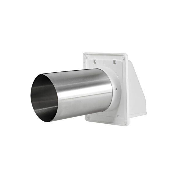 White Plastic Wall Exhaust Hood Bath Fan Vent - Spring Controlled Damper - Screen - 11 inch Pipe - Back
