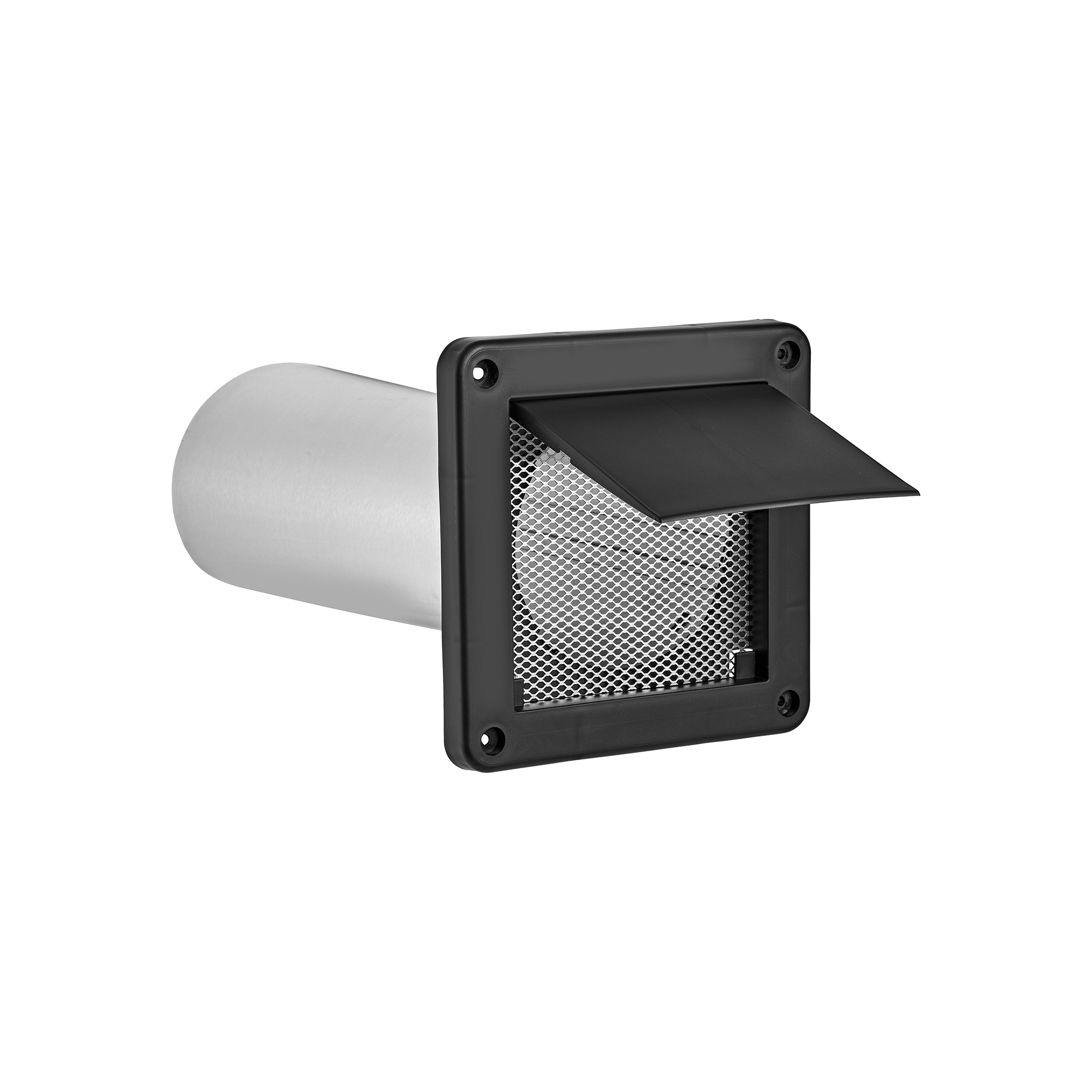Black Plastic Wall Exhaust Single Flap Bath Vent - Bug Screen - 11 inch Pipe - Opened