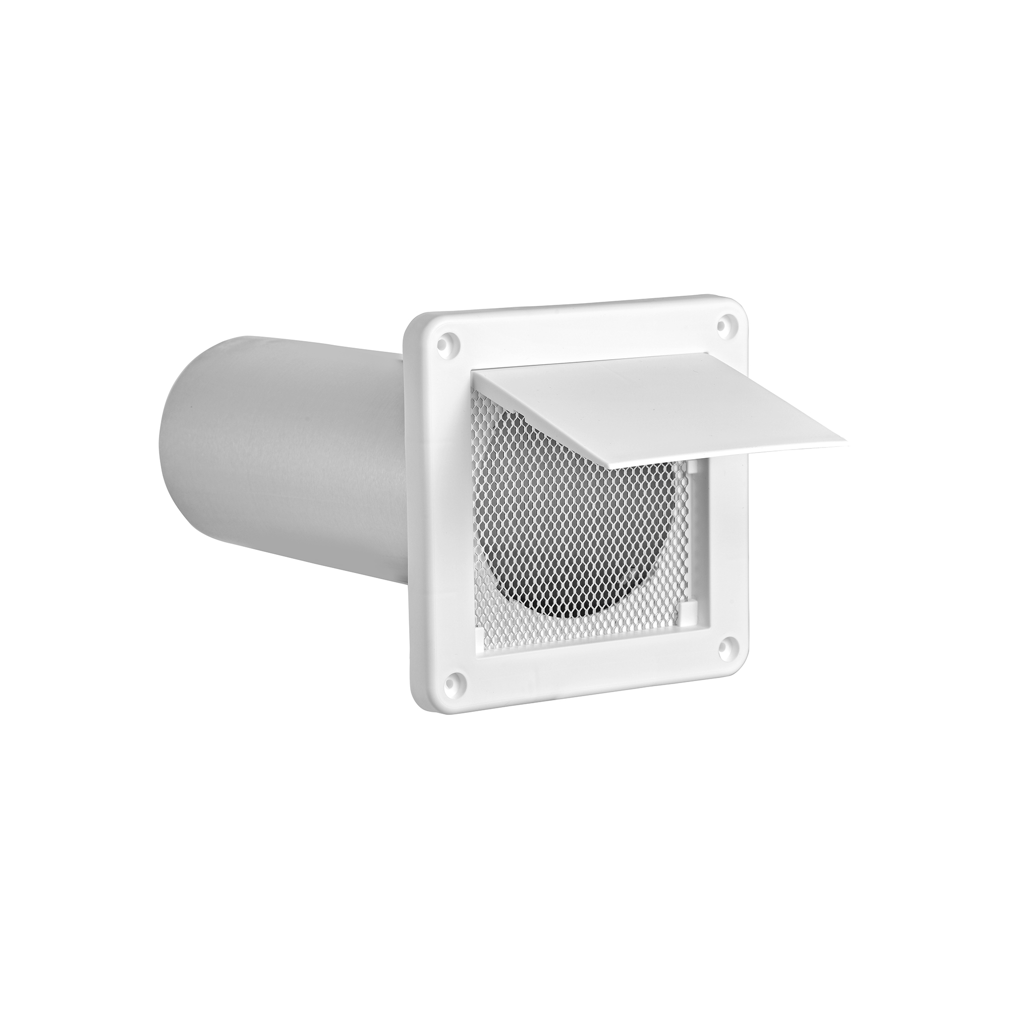 White Plastic Wall Exhaust Single Flap Bath Vent - Bug Screen - 11 inch Pipe - Opened