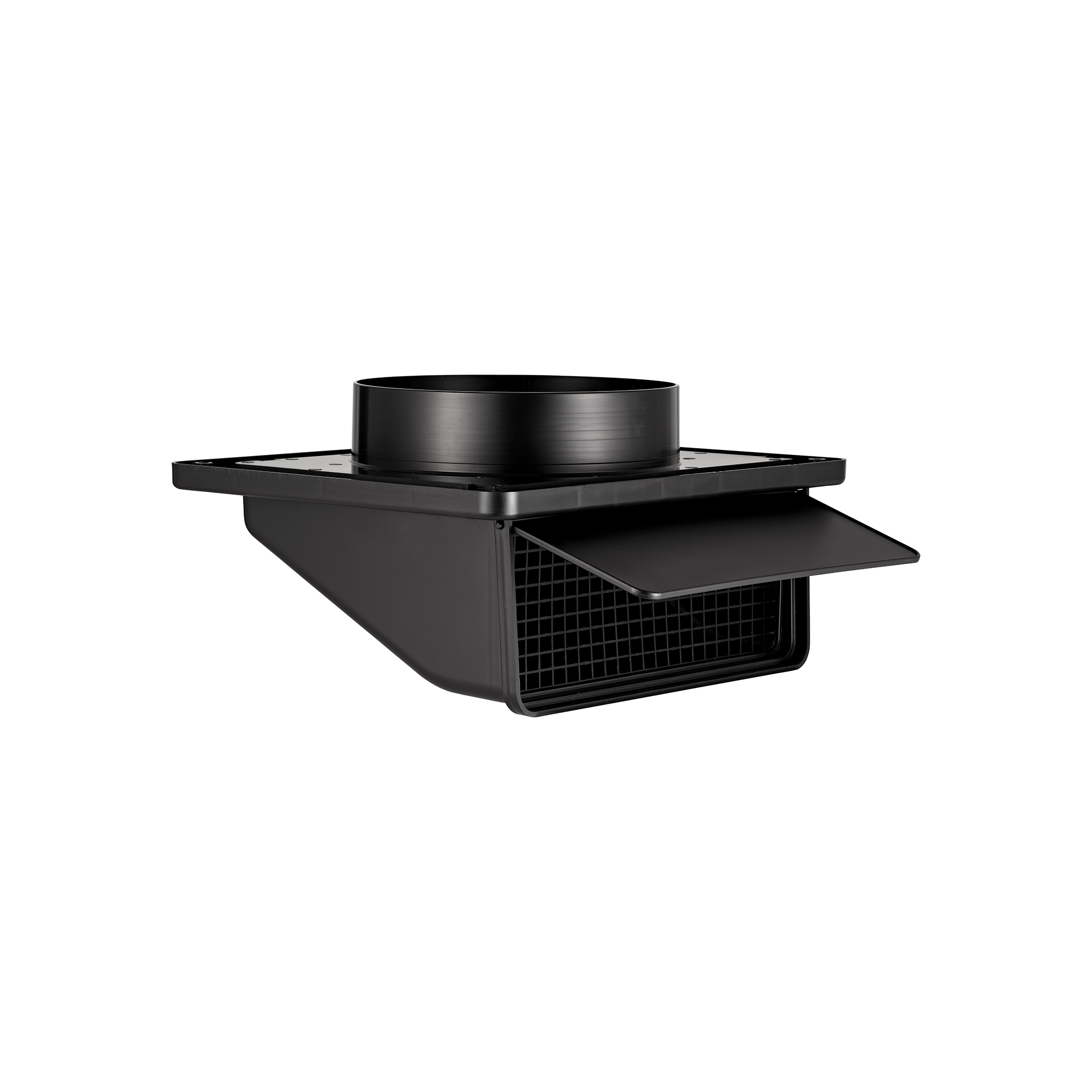 Black Plastic Soffit Continuous Run Bath Fan Exhaust Vent - Damper - Screen - Opened