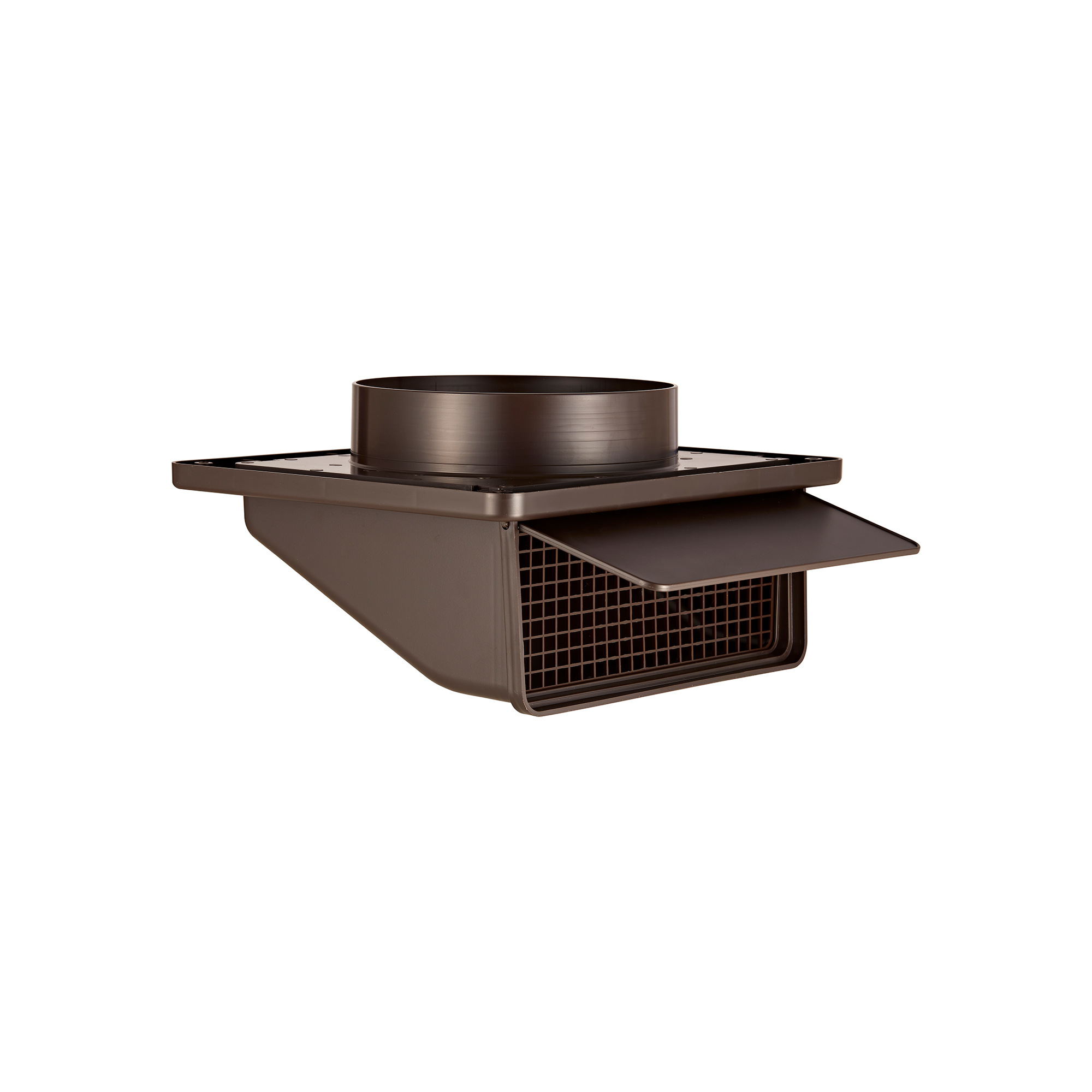 Brown Plastic Soffit Continuous Run Bath Fan Exhaust Vent - Damper - Screen - Opened