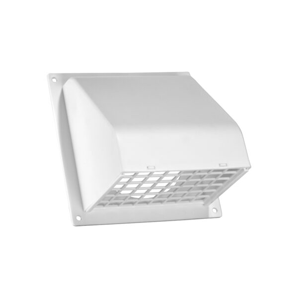 White Plastic Wall Exhaust Hood Dryer Vent - Damper - Removable Screen - Flat Flange - Flush Mount - Angled Opened