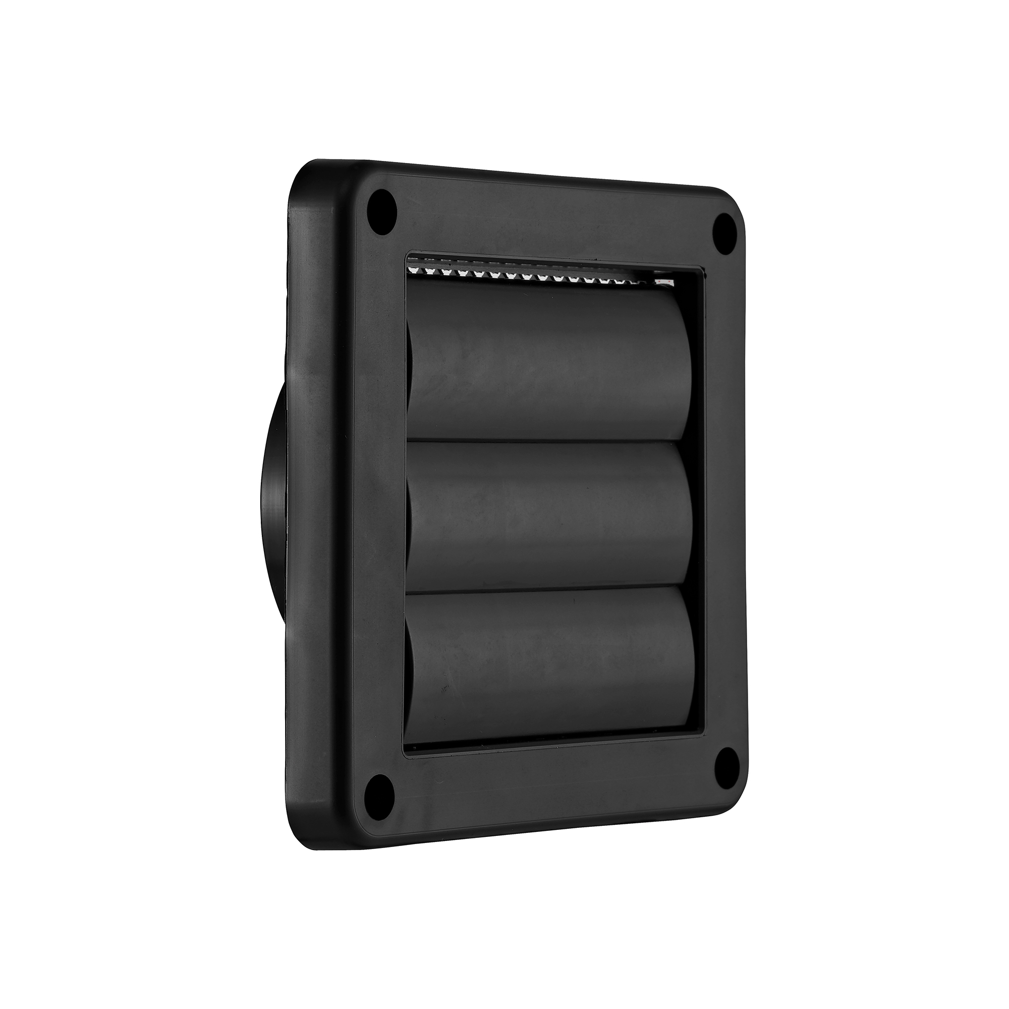 1423BLS-03 Black Plastic Wall Exhaust Vent (Louvered) - Metal Bug Screen - Angle