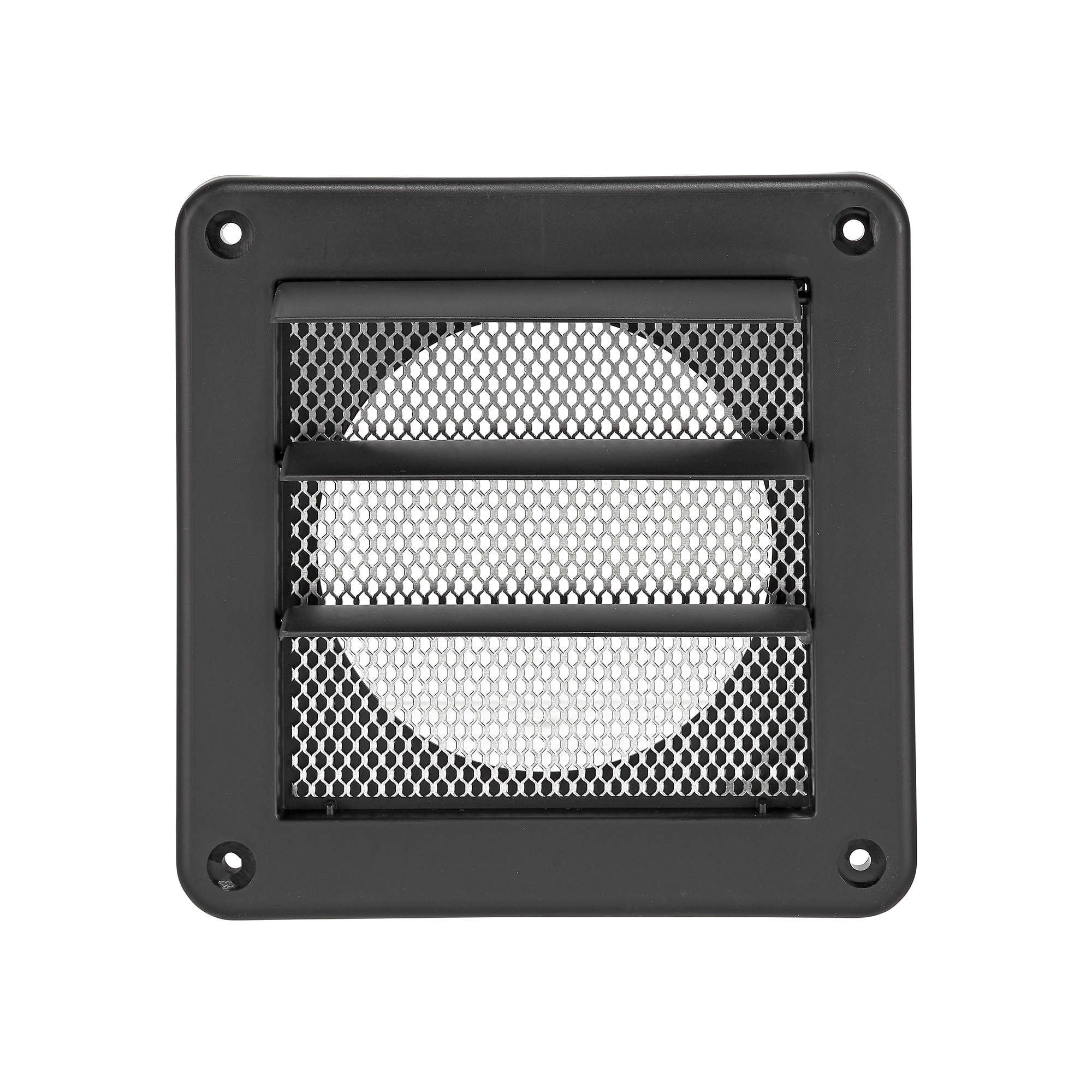Black Plastic Wall Exhaust Vent (Louvered) - Metal Bug Screen - Flush Mount - Opened