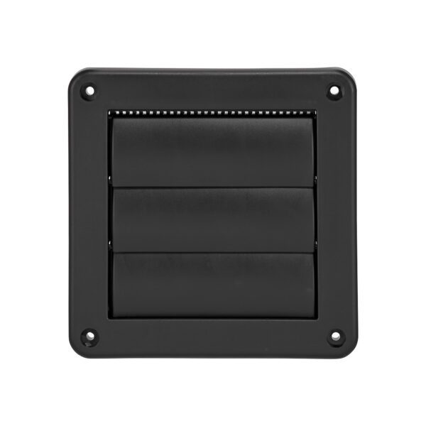 Black Plastic Wall Exhaust Vent (Louvered) - Metal Bug Screen - Flush Mount - Closed