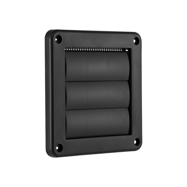 Black Plastic Wall Exhaust Vent (Louvered) - Metal Bug Screen - Flush Mount - Angle