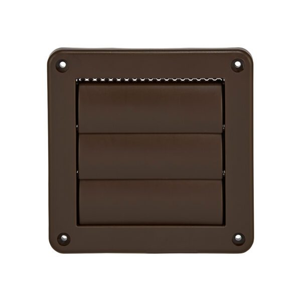 Brown Plastic Wall Exhaust Vent (Louvered) - Metal Bug Screen - Flush Mount - Closed
