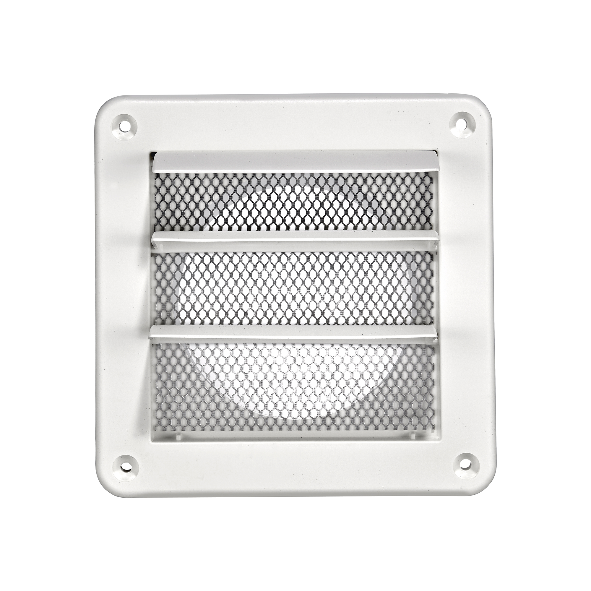 White Plastic Wall Exhaust Vent (Louvered) - Metal Bug Screen - Flush Mount - Opened