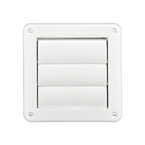 White Plastic Wall Exhaust Vent (Louvered) - Metal Bug Screen - Flush Mount - Closed