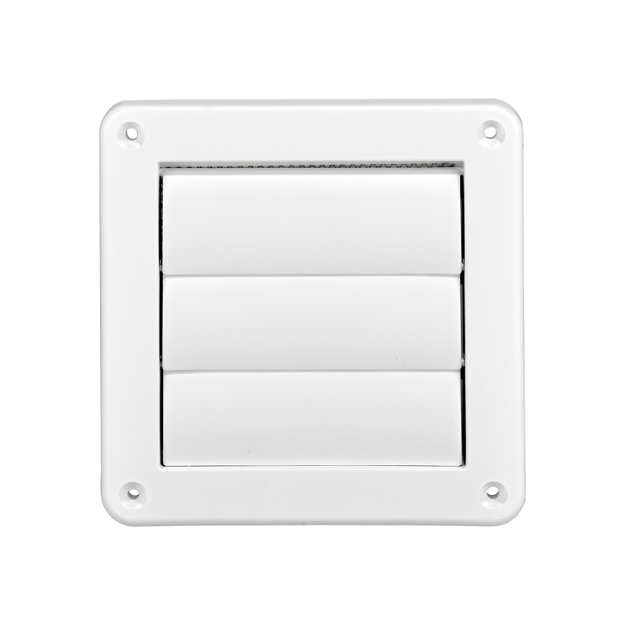 White Plastic Wall Exhaust Vent (Louvered) - Metal Bug Screen - Flush Mount - Closed
