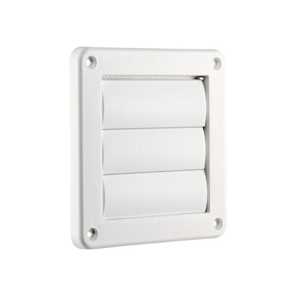 White Plastic Wall Exhaust Vent (Louvered) - Metal Bug Screen - Flush Mount - Angle