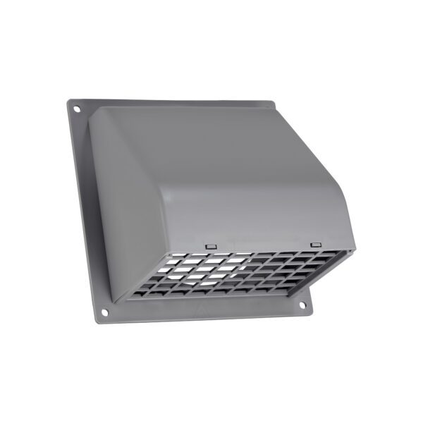 Gray Plastic Wall Exhaust Hood Dryer Vent - Damper - Removable Screen - Flat Flange - Flush Mount - Opened