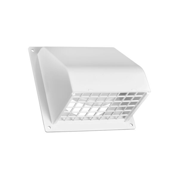 White Plastic Wall Exhaust Hood Dryer Vent - Spring Damper - Removable Screen - Flat Flange - Flush Mount - Opened