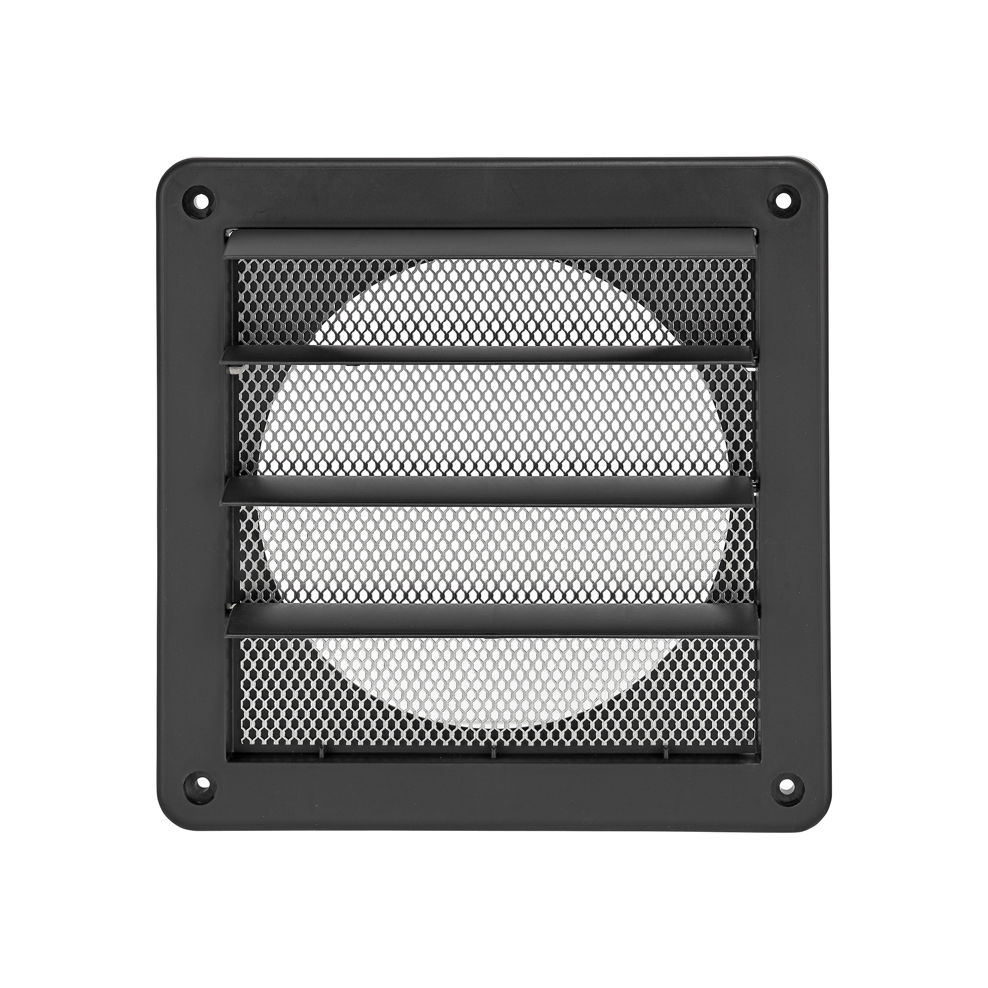 Black Plastic Wall Exhaust Vent (Louvered) - Metal Bug Screen - Flush Mount - Opened