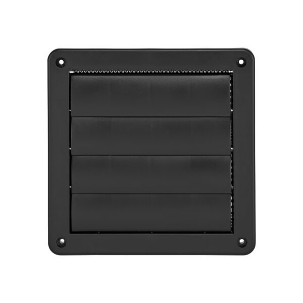 Black Plastic Wall Exhaust Vent (Louvered) - Metal Bug Screen - Flush Mount - Closed