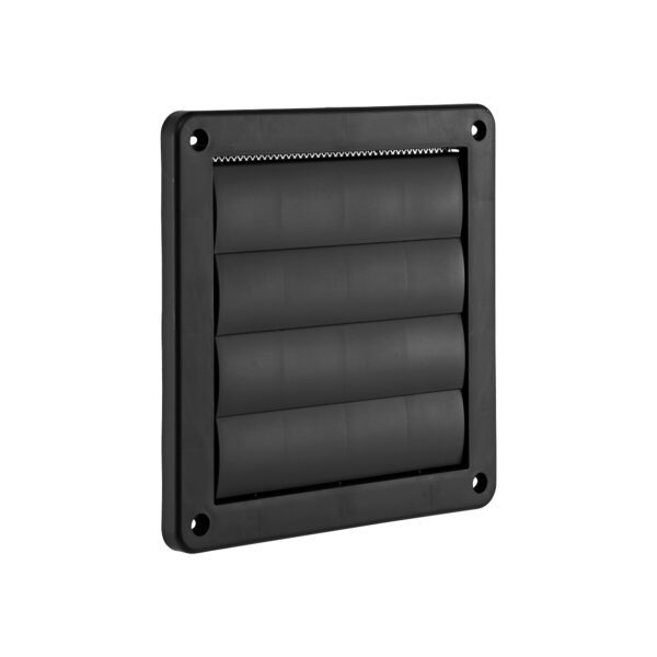 Black Plastic Wall Exhaust Vent (Louvered) - Metal Bug Screen - Flush Mount - Angle