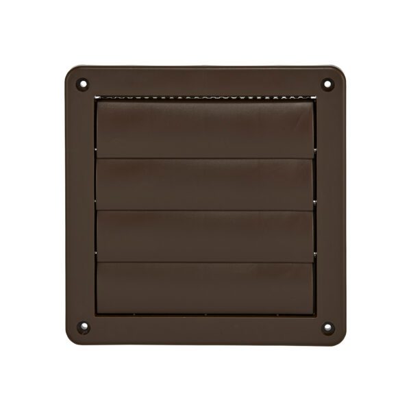 Brown Plastic Wall Exhaust Vent (Louvered) - Metal Bug Screen - Flush Mount - Closed