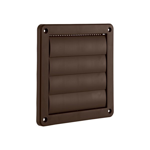 Brown Plastic Wall Exhaust Vent (Louvered) - Metal Bug Screen - Flush Mount - Angle