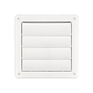 White Plastic Wall Exhaust Vent (Louvered) - Metal Bug Screen - Flush Mount - Closed