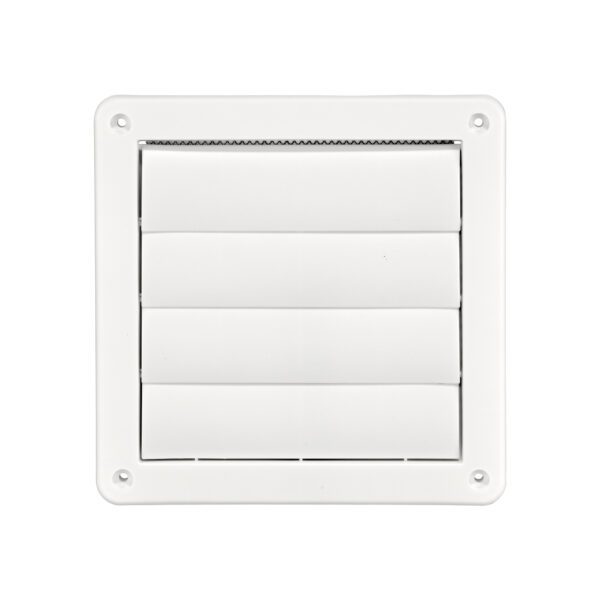 White Plastic Wall Exhaust Vent (Louvered) - Metal Bug Screen - Flush Mount - Closed