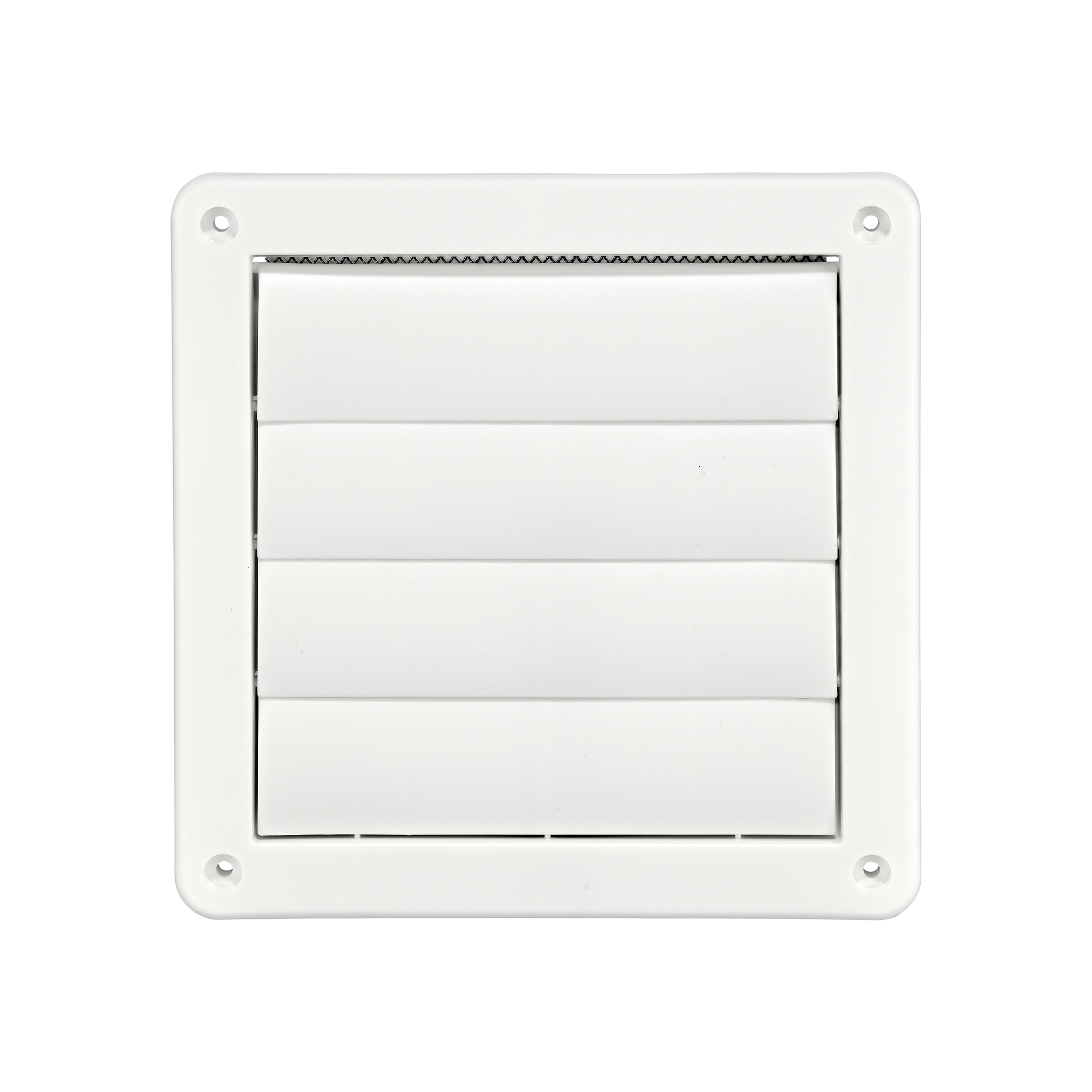 White Plastic Wall Exhaust Vent (Louvered) - Metal Bug Screen - Flush Mount - Closed