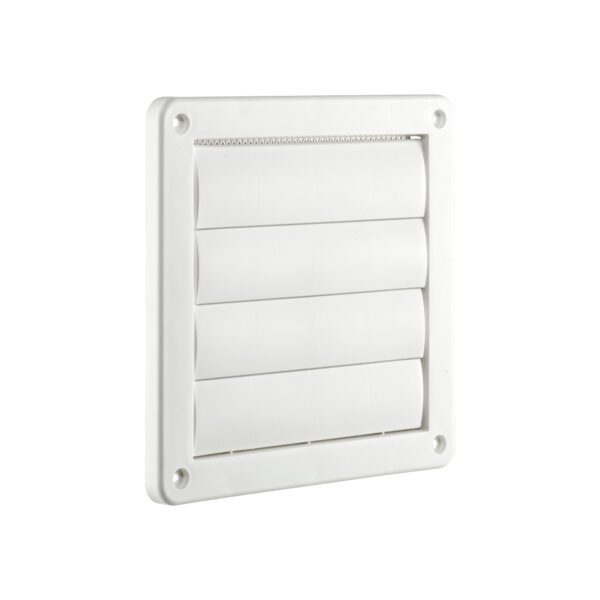 White Plastic Wall Exhaust Vent (Louvered) - Metal Bug Screen - Flush Mount - Angle