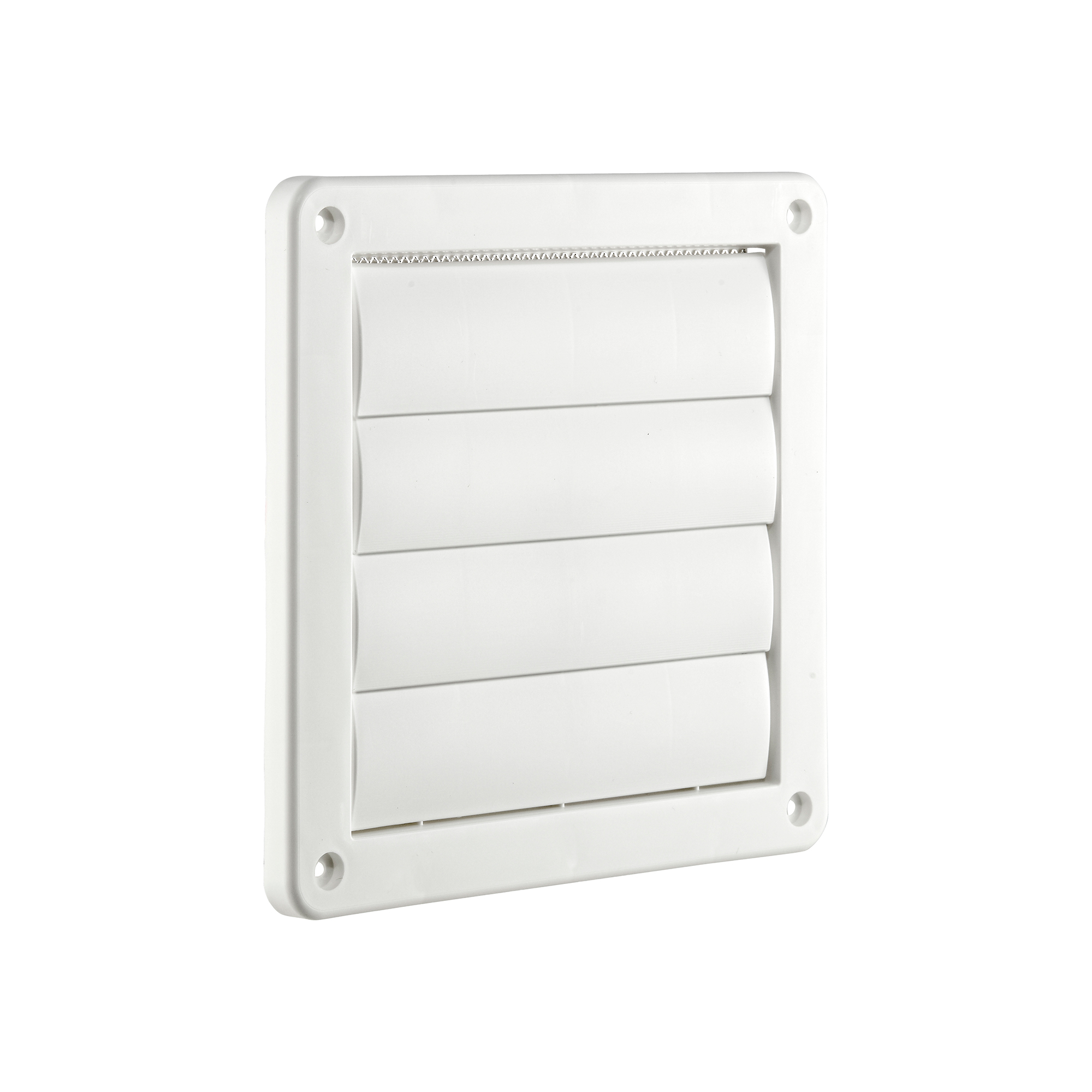 White Plastic Wall Exhaust Vent (Louvered) - Metal Bug Screen - Flush Mount - Angle