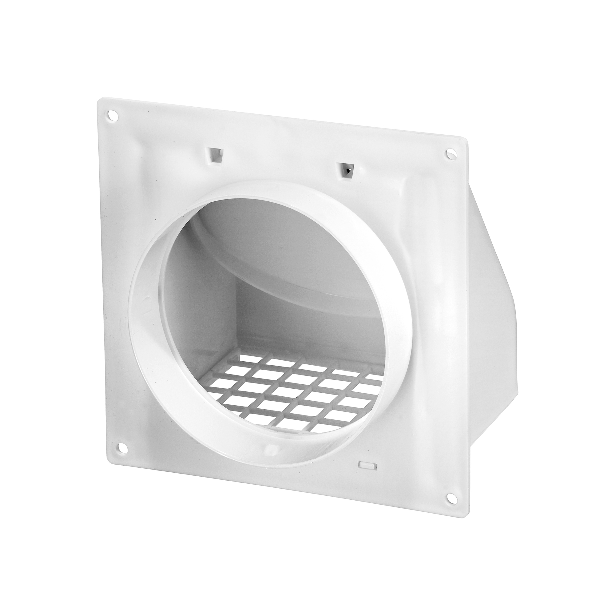 1471W_FF-02 White Plastic Wall Exhaust Hood Dryer Vent - Damper - Removable Screen - Flat Flange - 1/2 inch Collar - Back