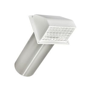 White Plastic Wall Exhaust Hood Dryer Vent - Damper - Removable Screen - Flat Flange - 11 inch Pipe - Closed Angled