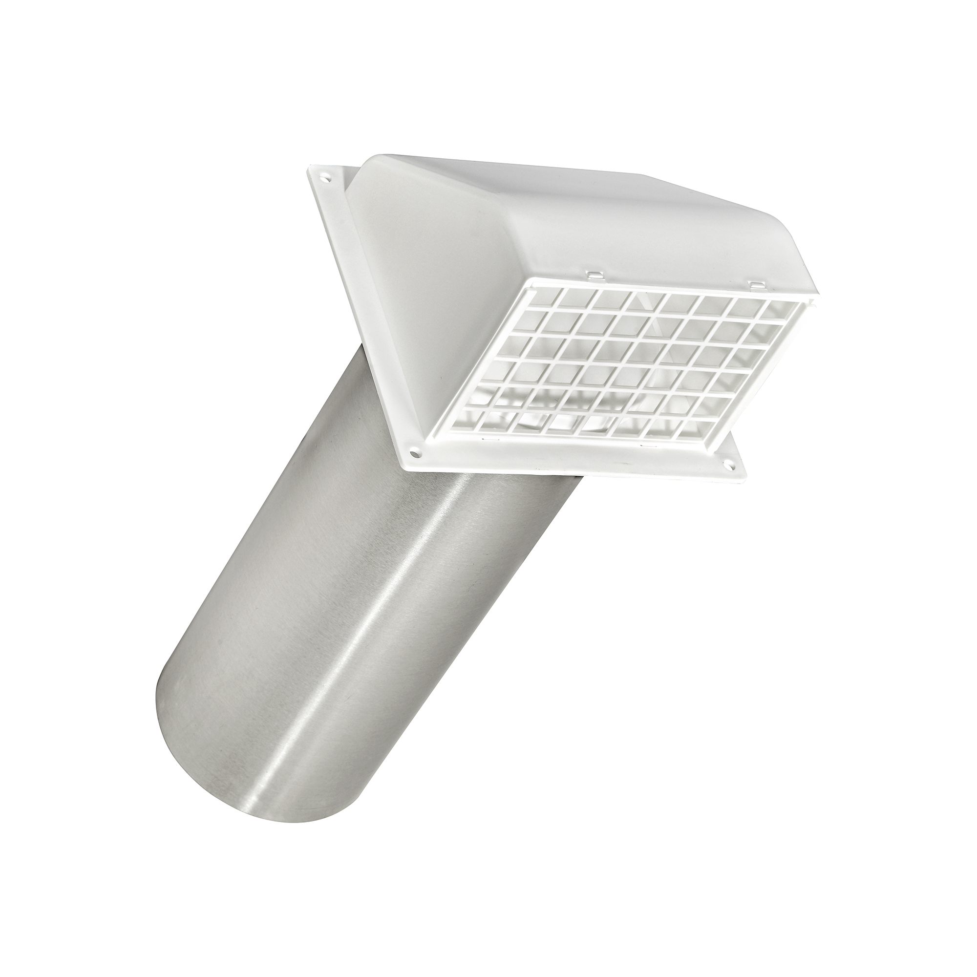 224W-FF-02 White Plastic Wall Exhaust Hood Dryer Vent - Damper - Removable Screen - Flat Flange - 11 inch Pipe - Closed Angled