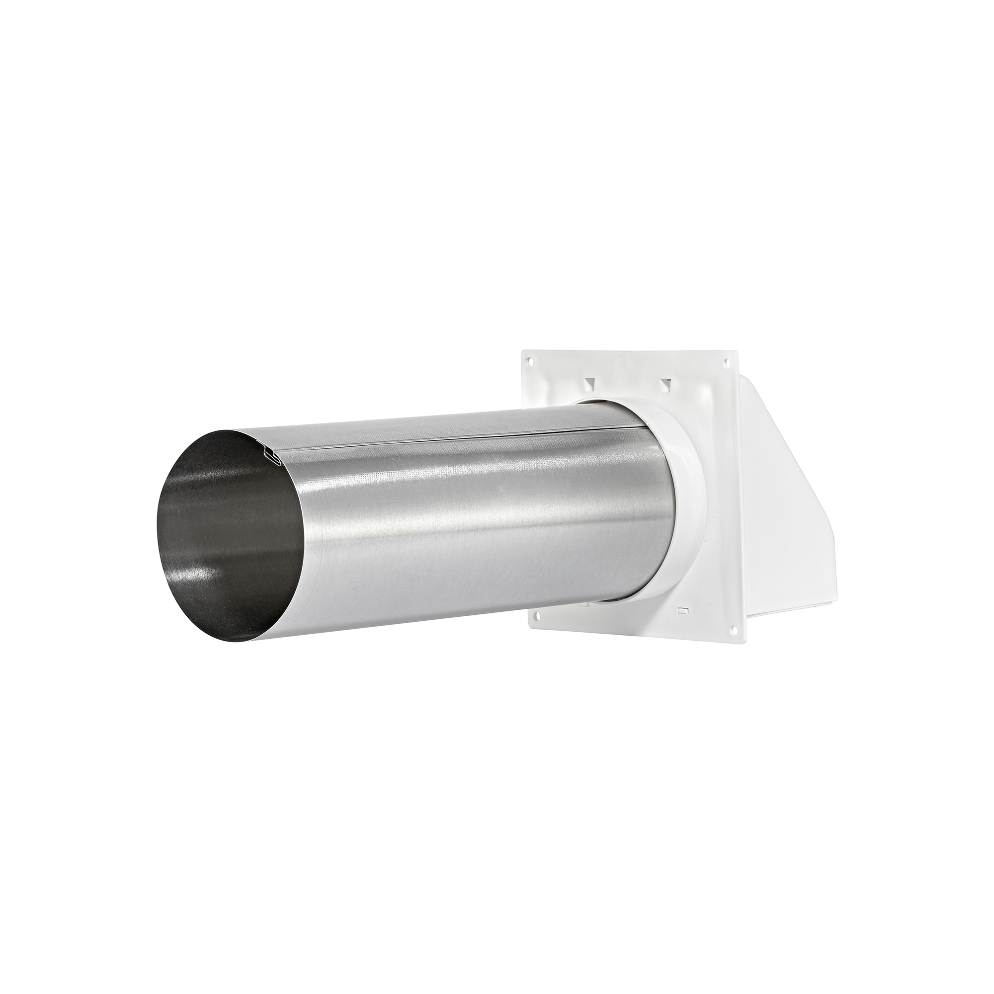 224W-FF-05 White Plastic Wall Exhaust Hood Dryer Vent - Damper - Removable Screen - Flat Flange - 11 inch Pipe - Back
