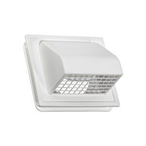 White Plastic Wall Exhaust Hood Dryer Vent - J Channel - Spring Damper - Removable Screen - 0.5 inch Collar - Angle Opened
