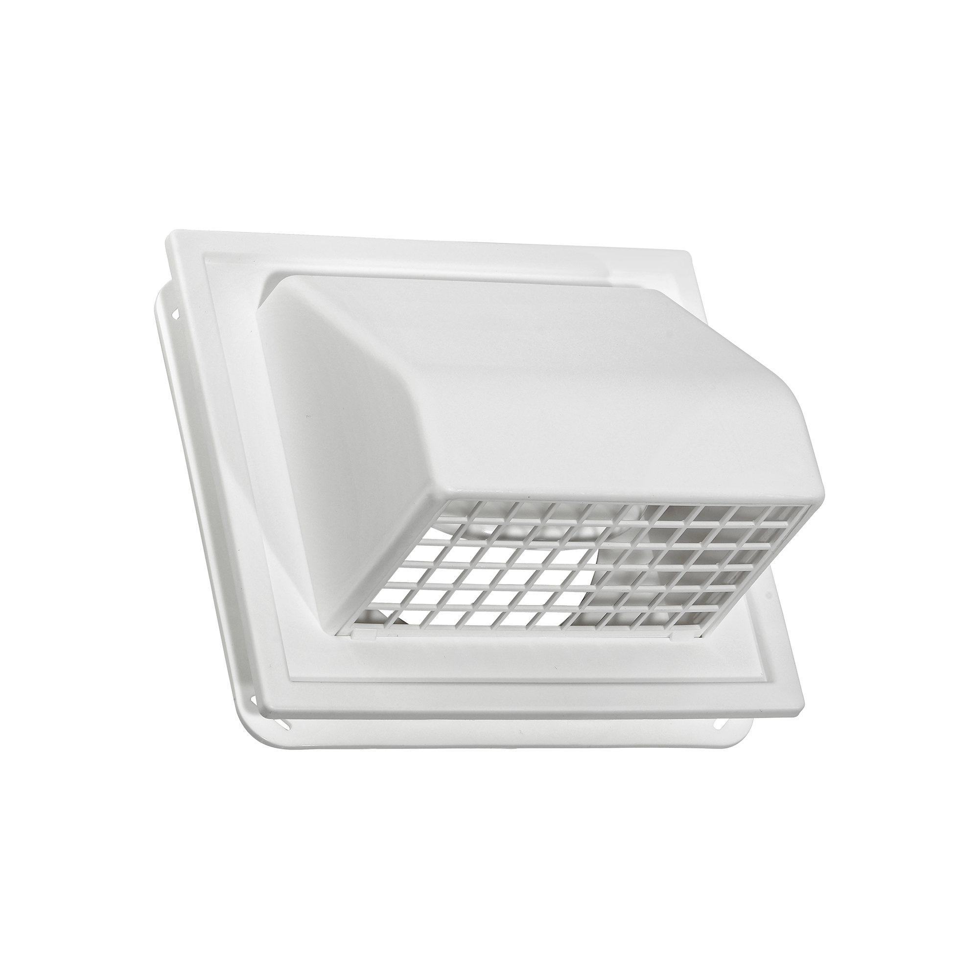 White Plastic Wall Exhaust Hood Dryer Vent - J Channel - Spring Damper - Removable Screen - 0.5 inch Collar - Angle Opened