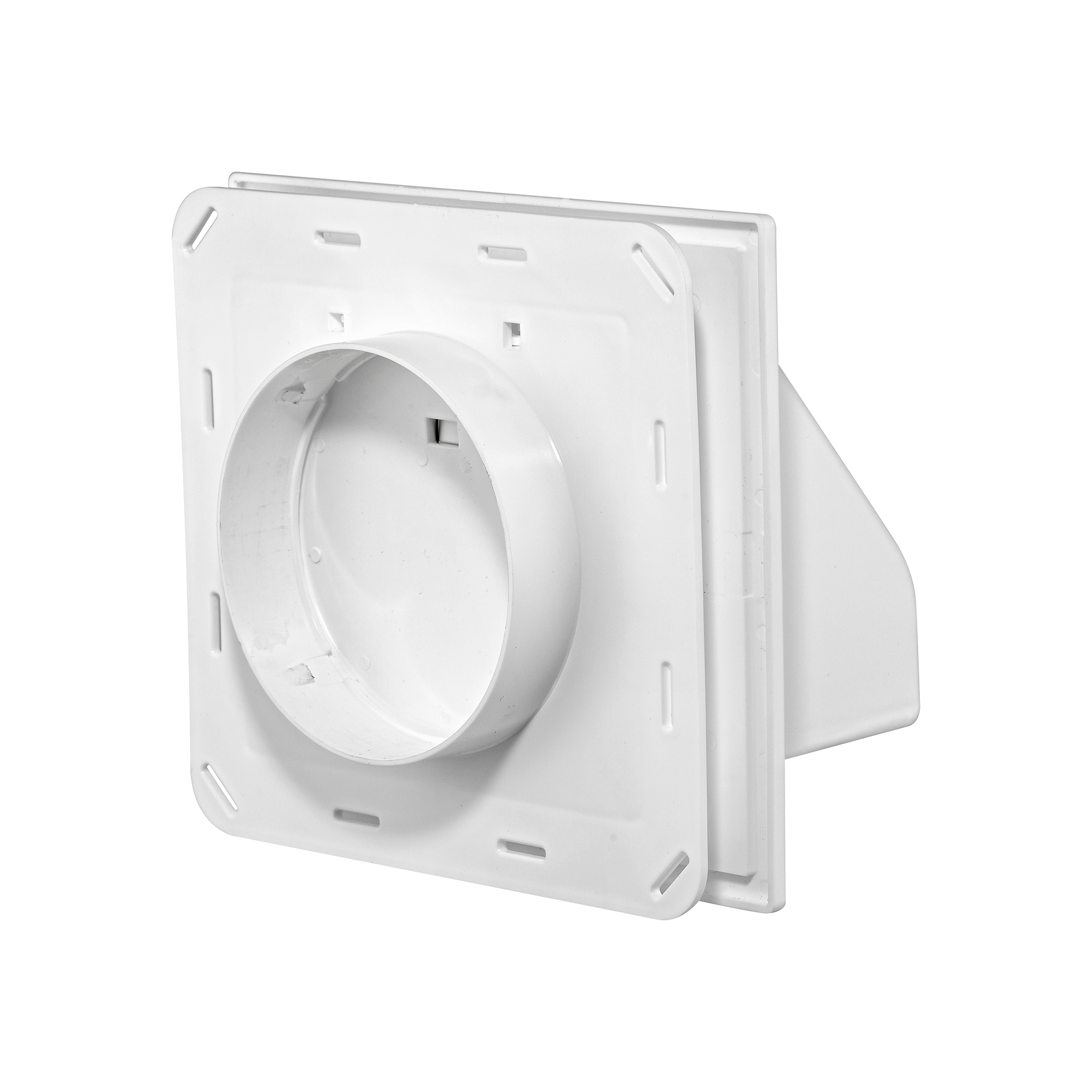 White Plastic Wall Exhaust Hood Dryer Vent - J Channel - Spring Damper - Removable Screen - 0.5 inch Collar - Back