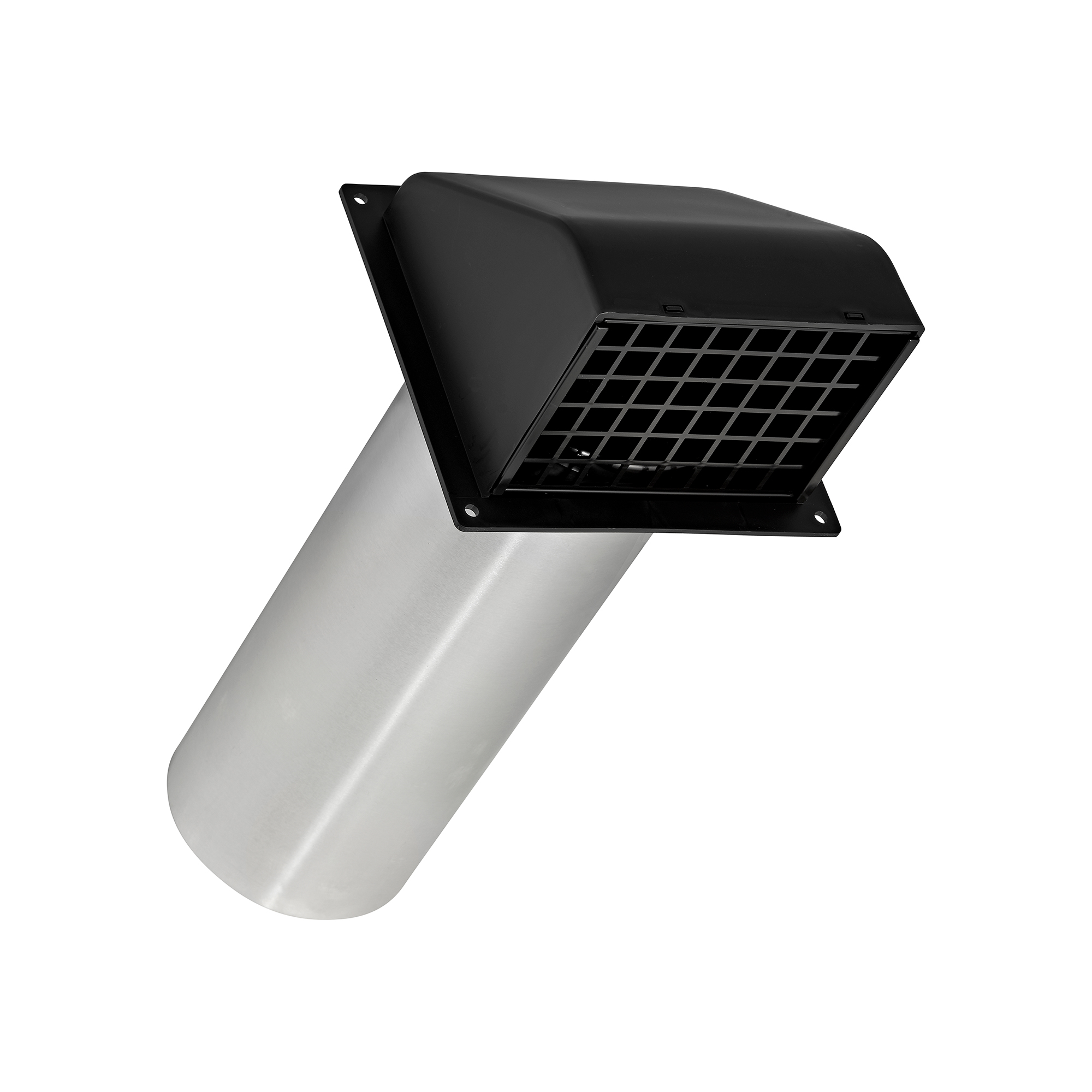 224BL-FF-01 Black Plastic Wall Exhaust Hood Dryer Vent - Damper - Removable Screen - Flat Flange - 11 inch Pipe - Angled Closed