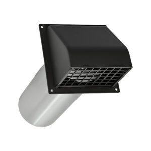 Black Plastic Wall Exhaust Hood Dryer Vent - Damper - Removable Screen - Flat Flange - 11 inch Pipe - Angled Opened