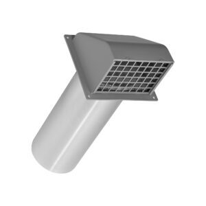 Gray Plastic Wall Exhaust Hood Dryer Vent - Flat Flange - Spring Damper - Removable Screen - 11 inch Pipe - Front Angled