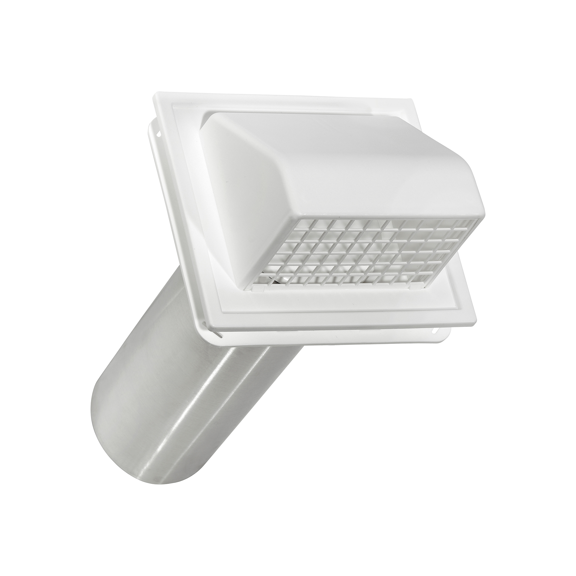 White Plastic Wall Exhaust Hood Dryer Vent - J Channel - Spring Damper - Removable Screen - 11 inch Pipe - Angled Closed