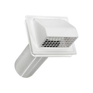 White Plastic Wall Exhaust Hood Dryer Vent - J Channel - Spring Damper - Removable Screen - 11 inch Pipe - Angled Opened