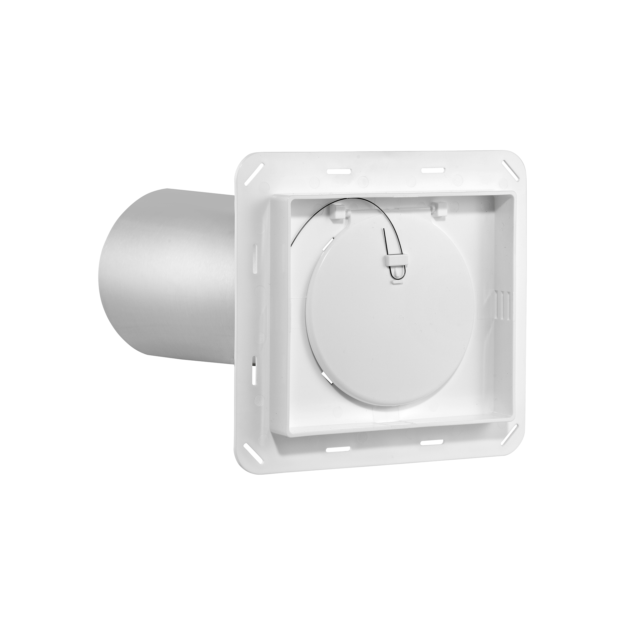 White Plastic Wall Exhaust Hood Dryer Vent - J Channel - Spring Damper - Removable Screen - 11 inch Pipe - Back Side
